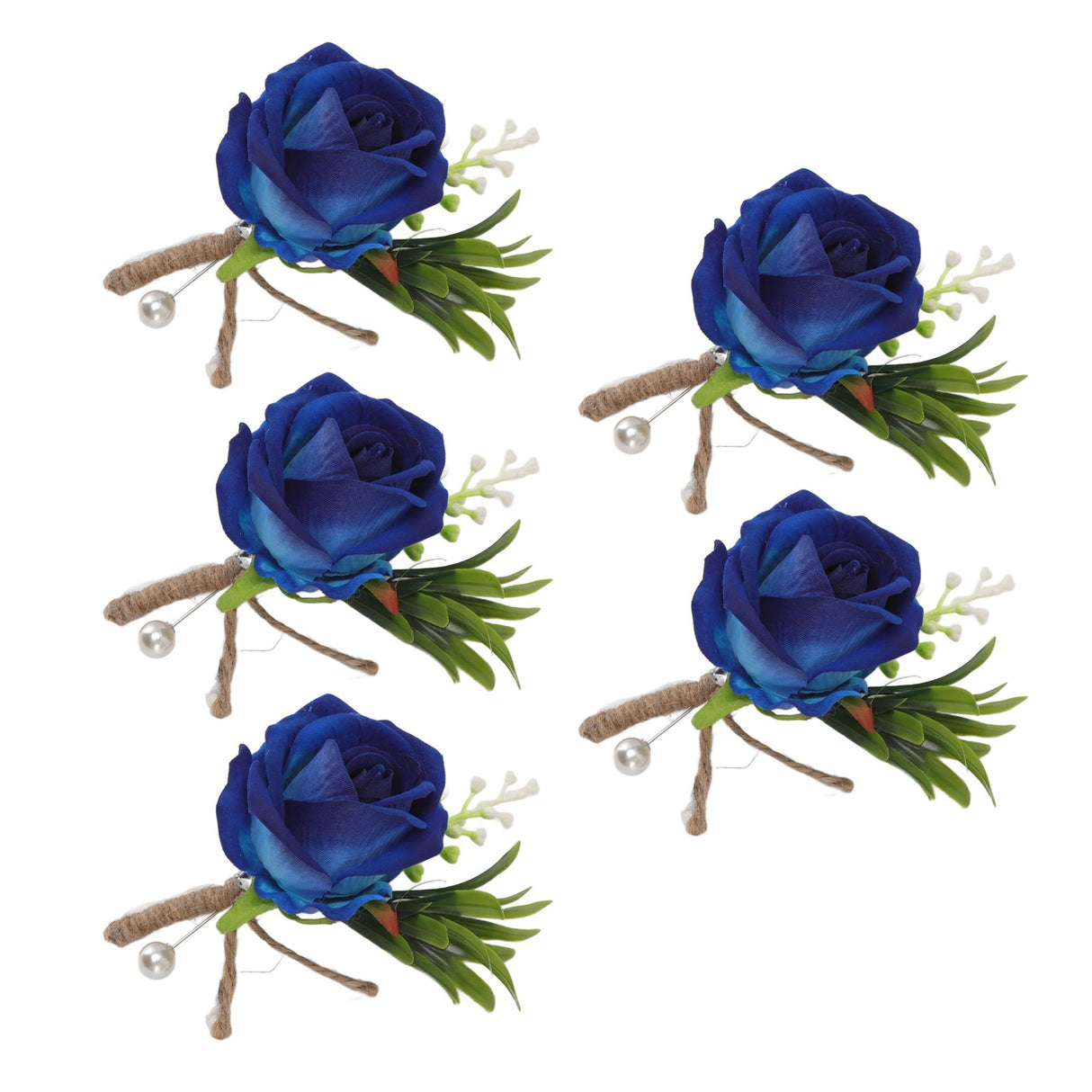5PCS Wedding Boutonniere Pin Fixed Plastic Artificial Flower Corsage for Bride and Groom Blue