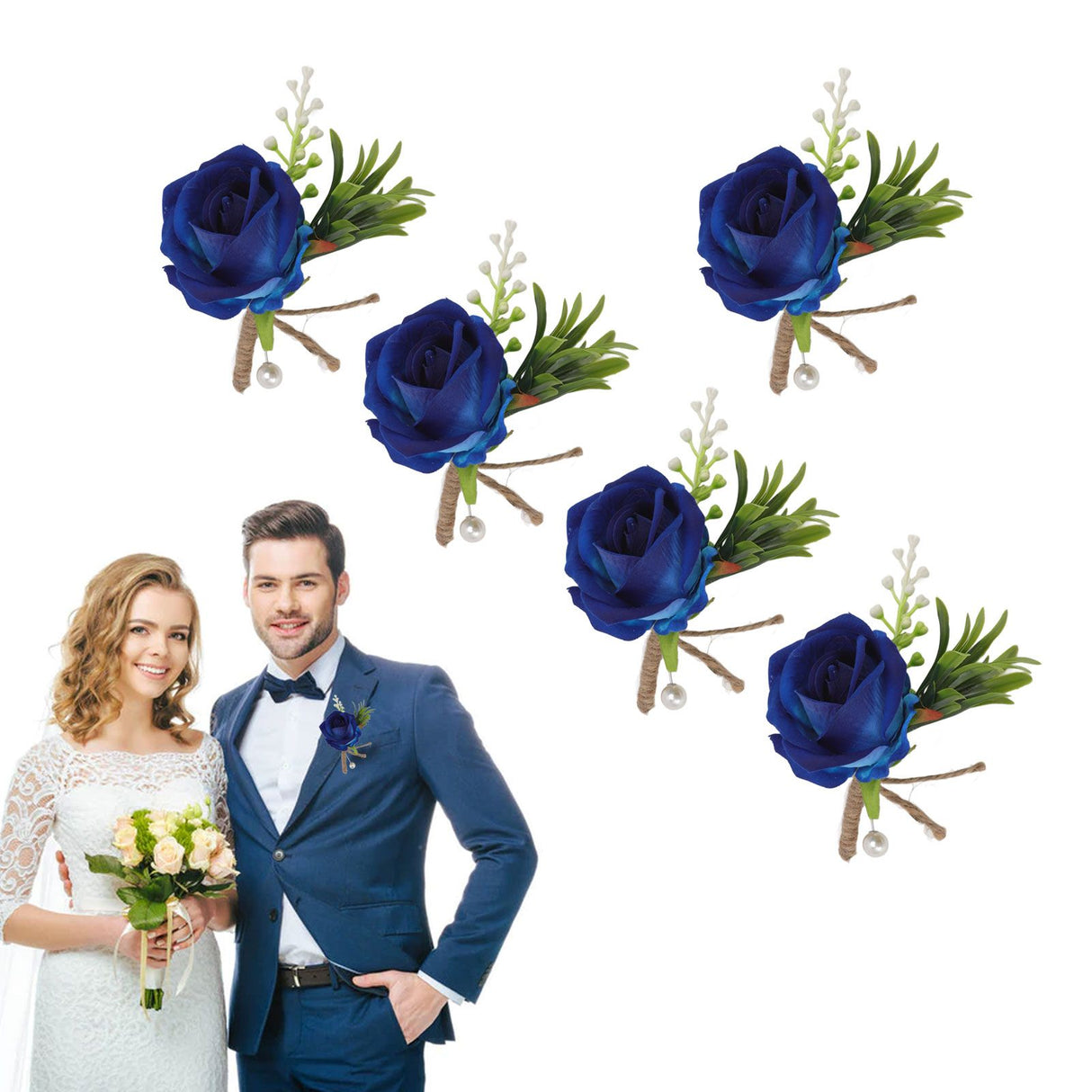 5PCS Wedding Boutonniere Pin Fixed Plastic Artificial Flower Corsage for Bride and Groom Blue