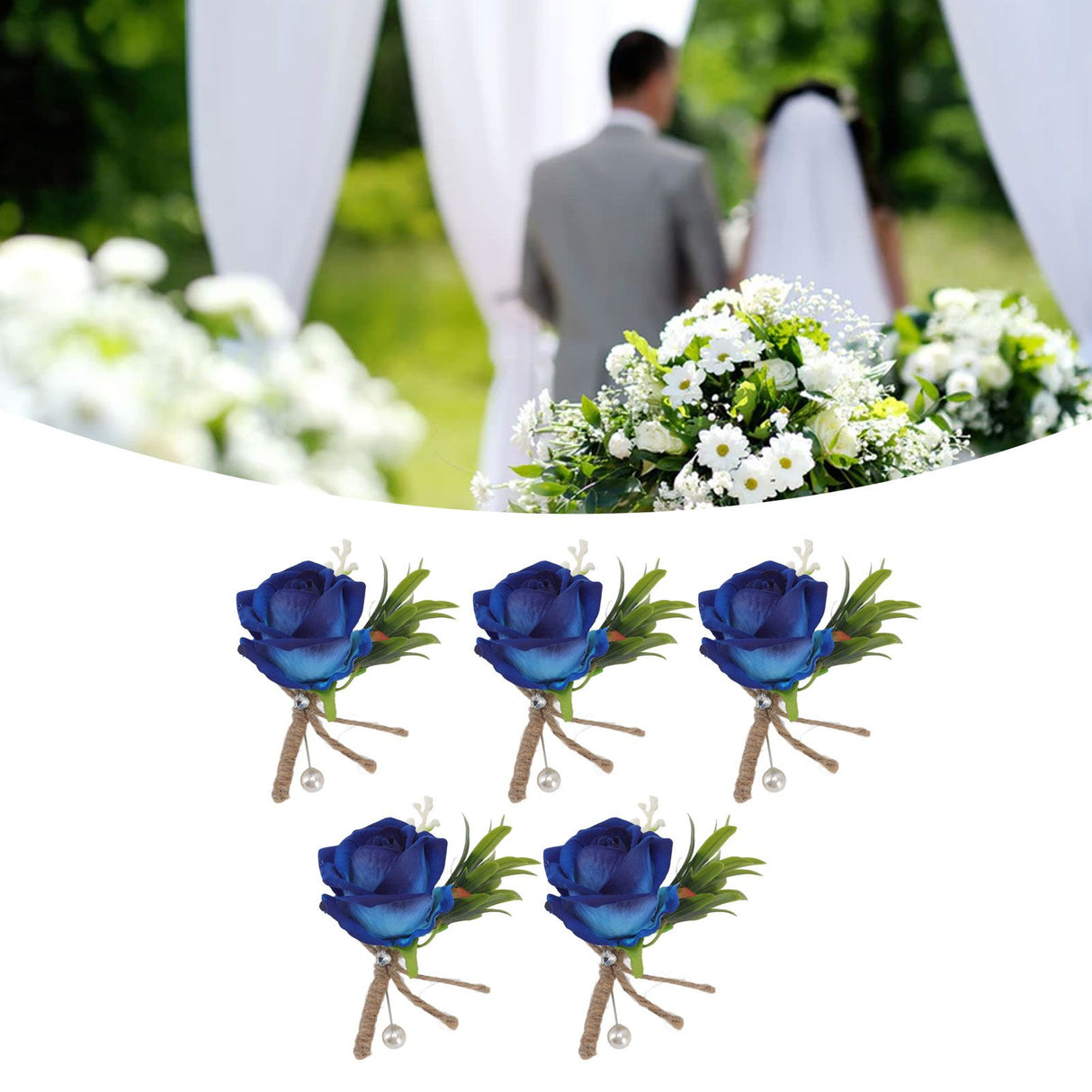 5PCS Wedding Boutonniere Pin Fixed Plastic Artificial Flower Corsage for Bride and Groom Blue