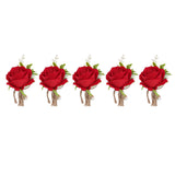 5PCS Wedding Boutonniere Pin Fixed Plastic Artificial Flower Corsage for Bride and Groom Red