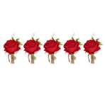 5PCS Wedding Boutonniere Pin Fixed Plastic Artificial Flower Corsage for Bride and Groom Red