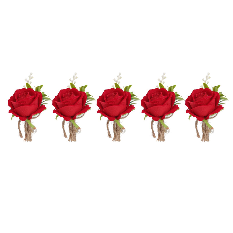 5PCS Wedding Boutonniere Pin Fixed Plastic Artificial Flower Corsage for Bride and Groom Red