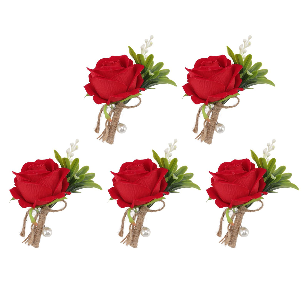 5PCS Wedding Boutonniere Pin Fixed Plastic Artificial Flower Corsage for Bride and Groom Red