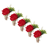 5PCS Wedding Boutonniere Pin Fixed Plastic Artificial Flower Corsage for Bride and Groom Red - Side View