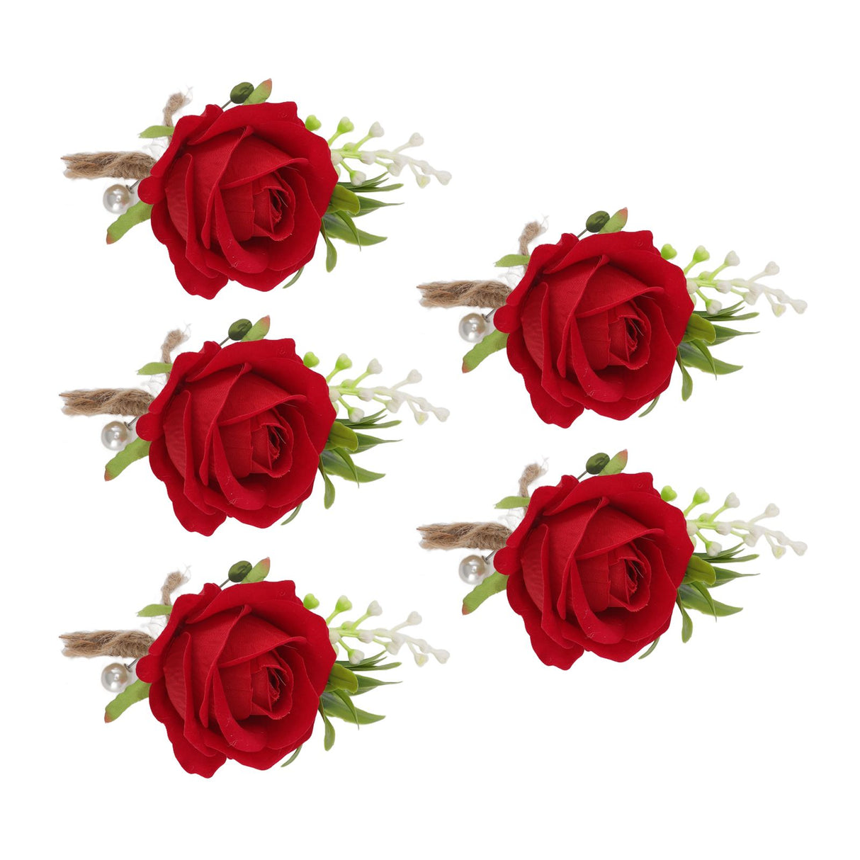 5PCS Wedding Boutonniere Pin Fixed Plastic Artificial Flower Corsage for Bride and Groom Red