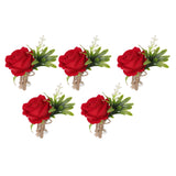 5PCS Wedding Boutonniere Pin Fixed Plastic Artificial Flower Corsage for Bride and Groom Red - Rear View
