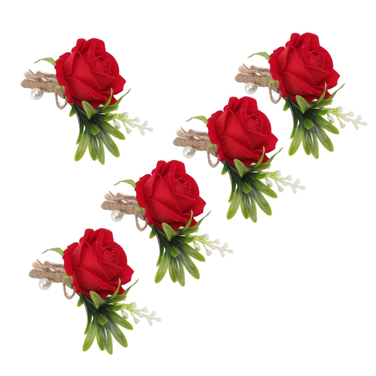 5PCS Wedding Boutonniere Pin Fixed Plastic Artificial Flower Corsage for Bride and Groom Red