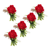 5PCS Wedding Boutonniere Pin Fixed Plastic Artificial Flower Corsage for Bride and Groom Red - Close-Up Angle