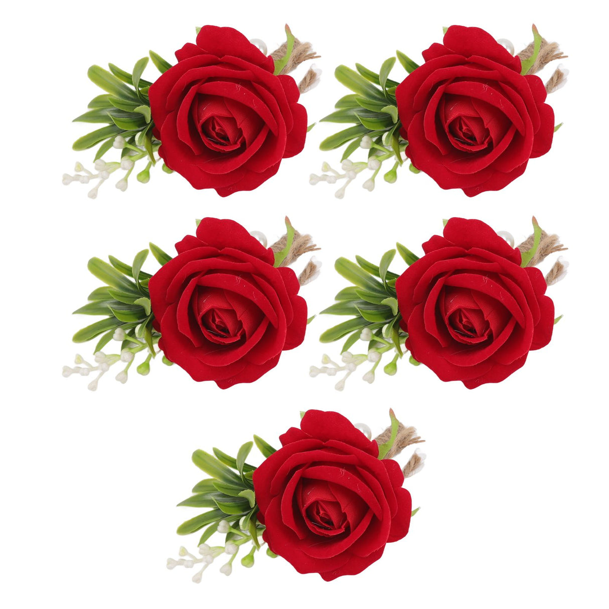 5PCS Wedding Boutonniere Pin Fixed Plastic Artificial Flower Corsage for Bride and Groom Red