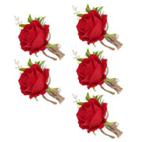 5PCS Wedding Boutonniere Pin Fixed Plastic Artificial Flower Corsage for Bride and Groom Red
