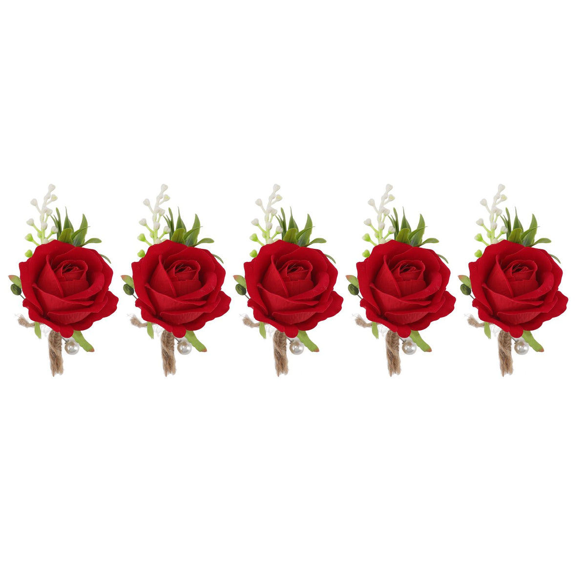 5PCS Wedding Boutonniere Pin Fixed Plastic Artificial Flower Corsage for Bride and Groom Red