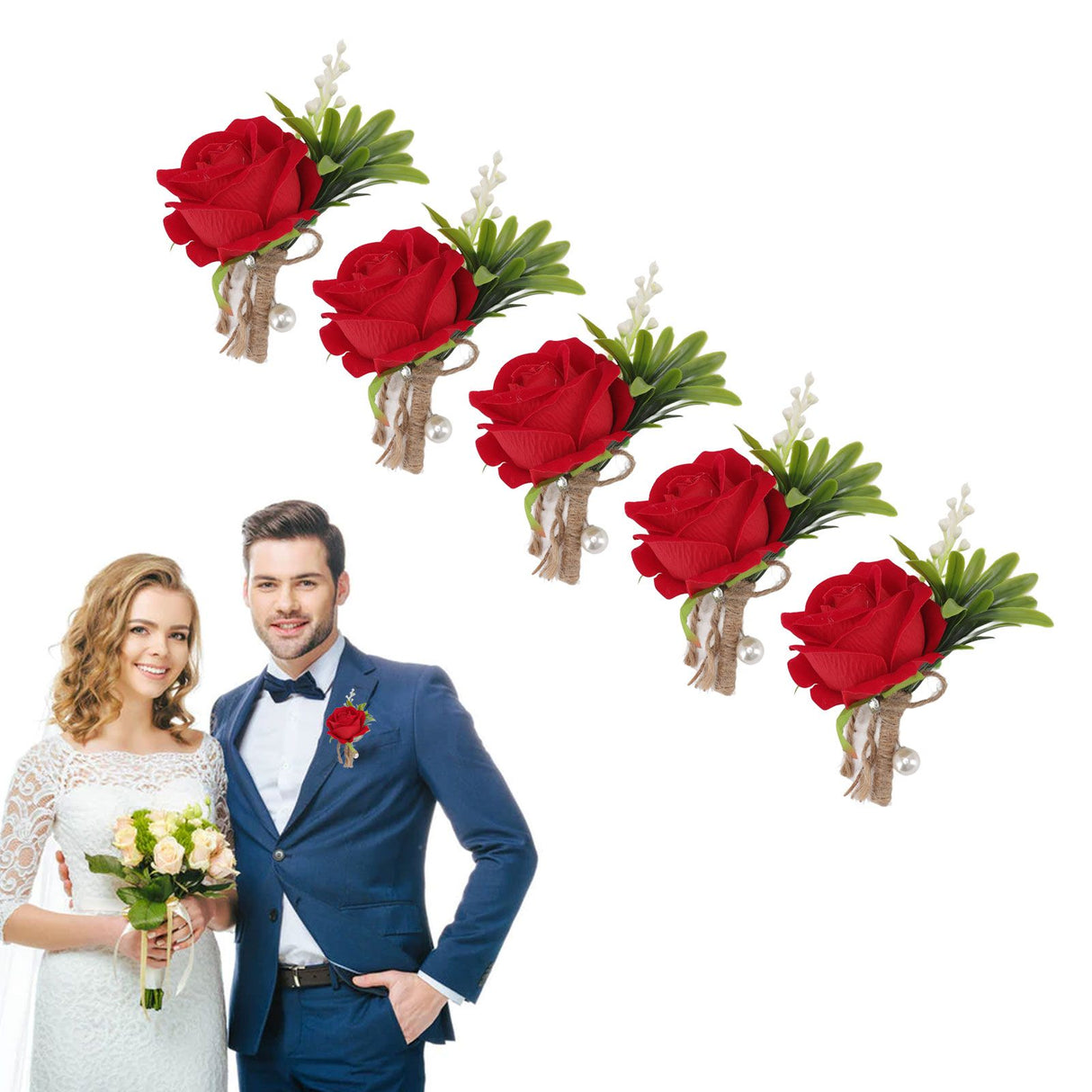 5PCS Wedding Boutonniere Pin Fixed Plastic Artificial Flower Corsage for Bride and Groom Red