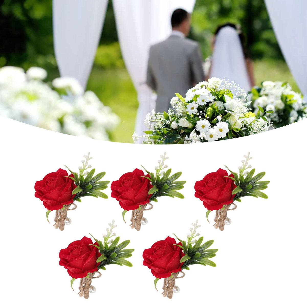 5PCS Wedding Boutonniere Pin Fixed Plastic Artificial Flower Corsage for Bride and Groom Red