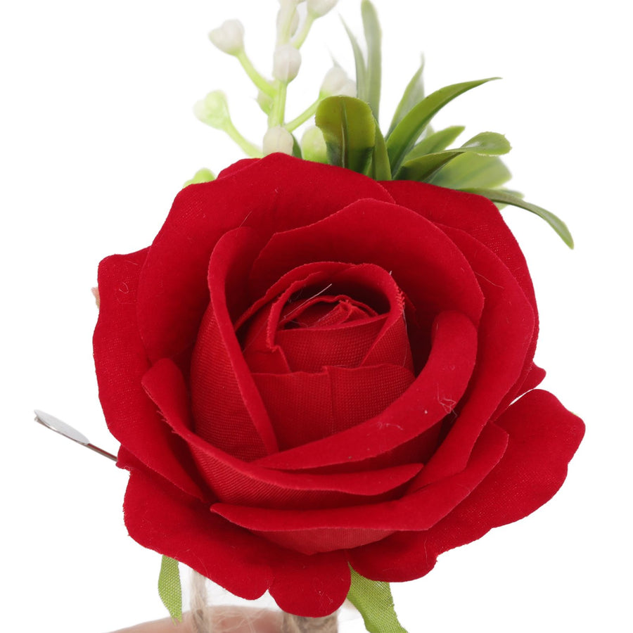 5PCS Wedding Boutonniere Pin Fixed Plastic Artificial Flower Corsage for Bride and Groom Red