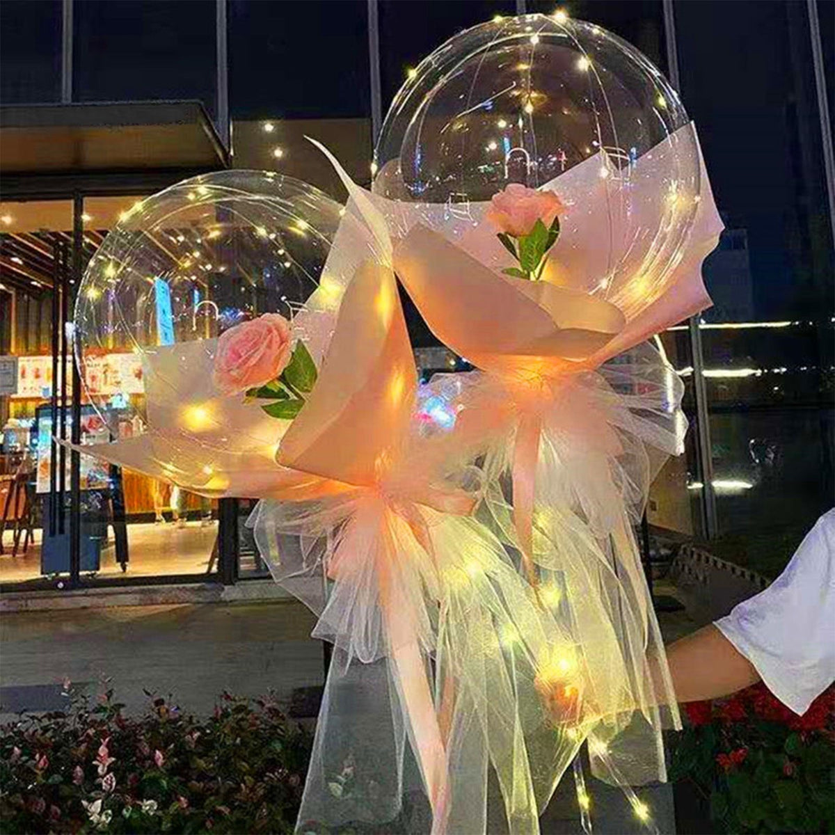 Luminous Balloon Rose Bouquet Transparent Ball Bouquet Valentines Day Gifts with Gauze Paperboard Full Set Pink