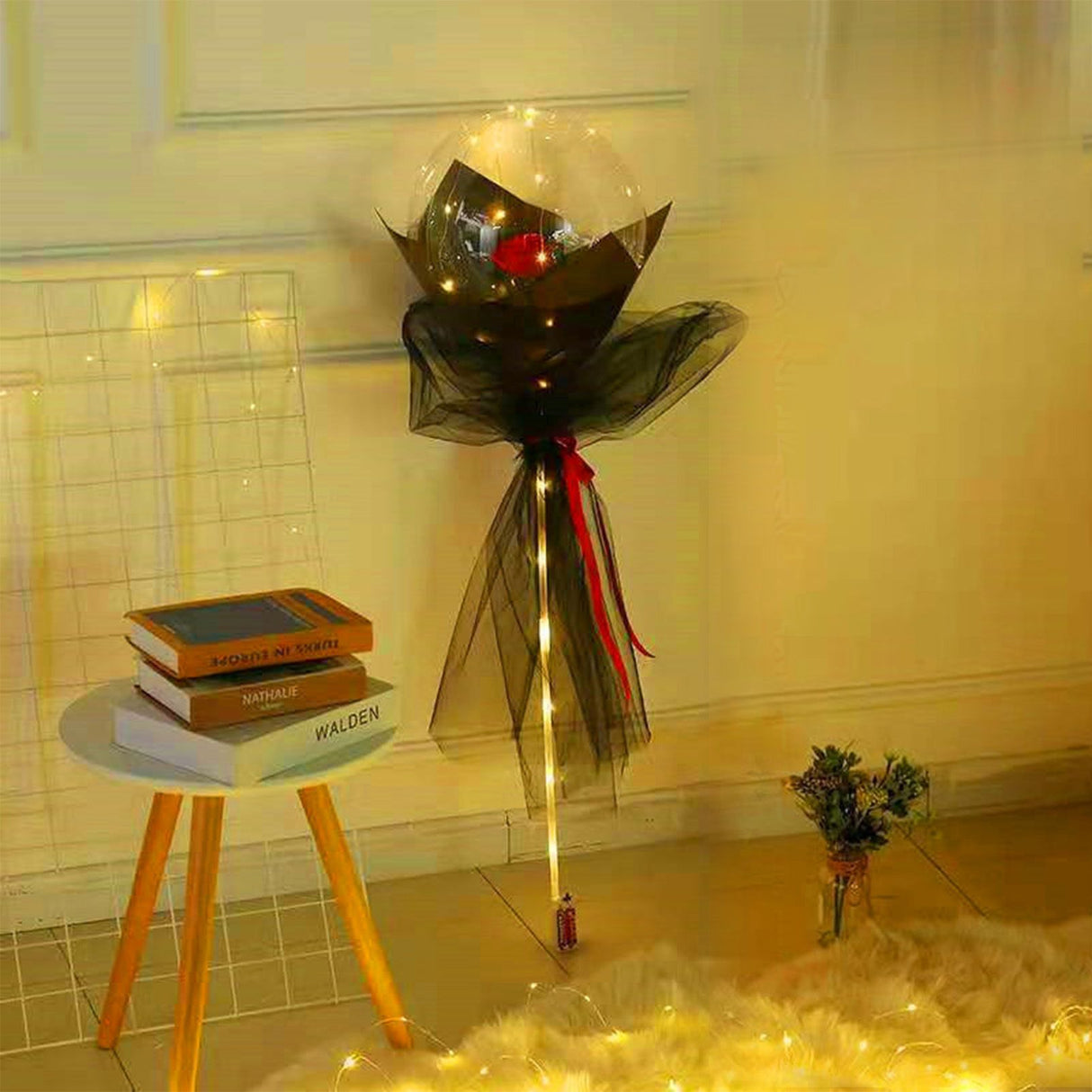 Luminous Balloon Rose Bouquet Transparent Ball Bouquet Valentines Day Gifts with Gauze Paperboard Full Set Red