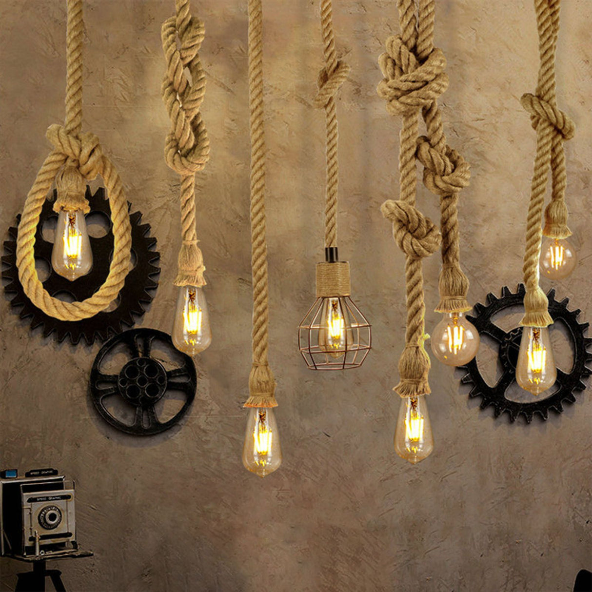 Pendant Light Hemp Rope Retro Industrial Style Hanging Lamp Ceiling Lamp Jute Rope for Clothes Shop Coffee Shop Bar Restaurant Single Head 2m