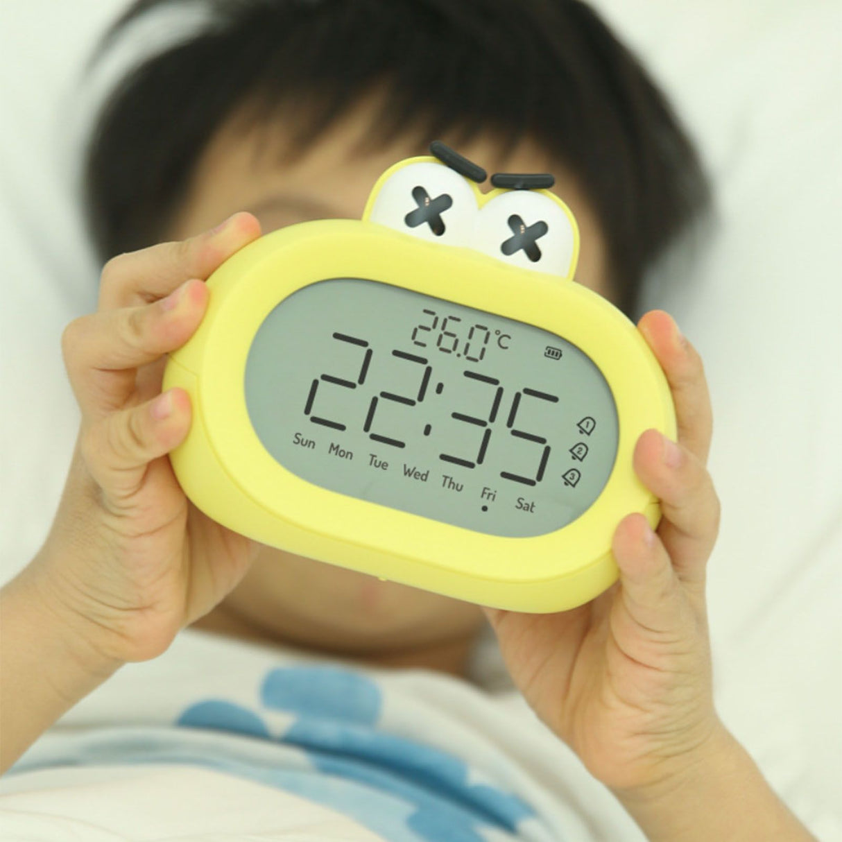 Kids Alarm Clock Cartoon Cute Intelligent Battery Operated Digital LED Electronic Clock with Night Light Yellow