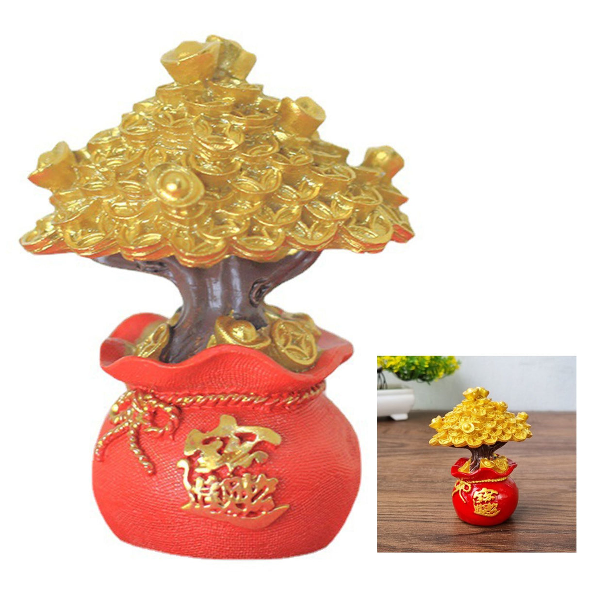 Money Coin Tree Bonsai Small Fortune Tree Desktop Ornament Home Decoration Synthetic Resin for Living Room Golden