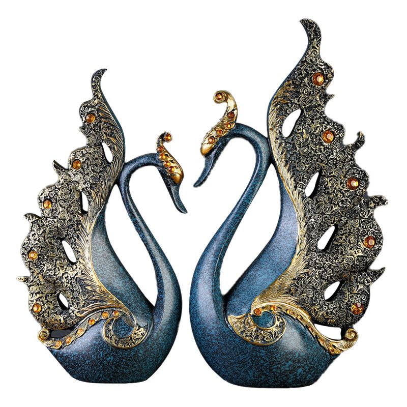2PCS Peacock Ornaments Natural Resin Desktop Peacock Sculpture for Wine Cabinet TV Cabinet Home Blue 30cm/11.8in Height