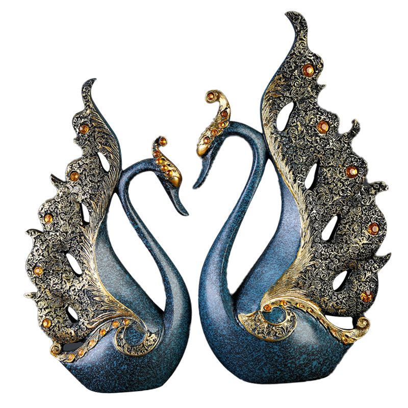2PCS Peacock Ornaments Natural Resin Desktop Peacock Sculpture for Wine Cabinet TV Cabinet Home Blue 30cm/11.8in Height