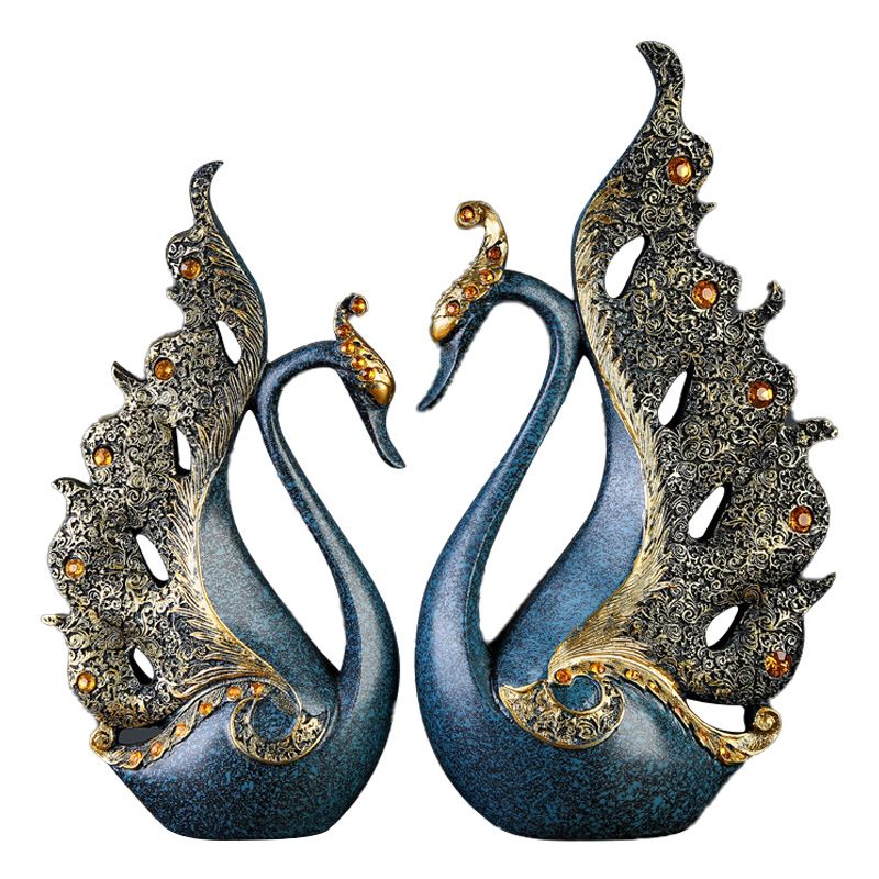 2PCS Peacock Ornaments Natural Resin Desktop Peacock Sculpture for Wine Cabinet TV Cabinet Home Blue 30cm/11.8in Height