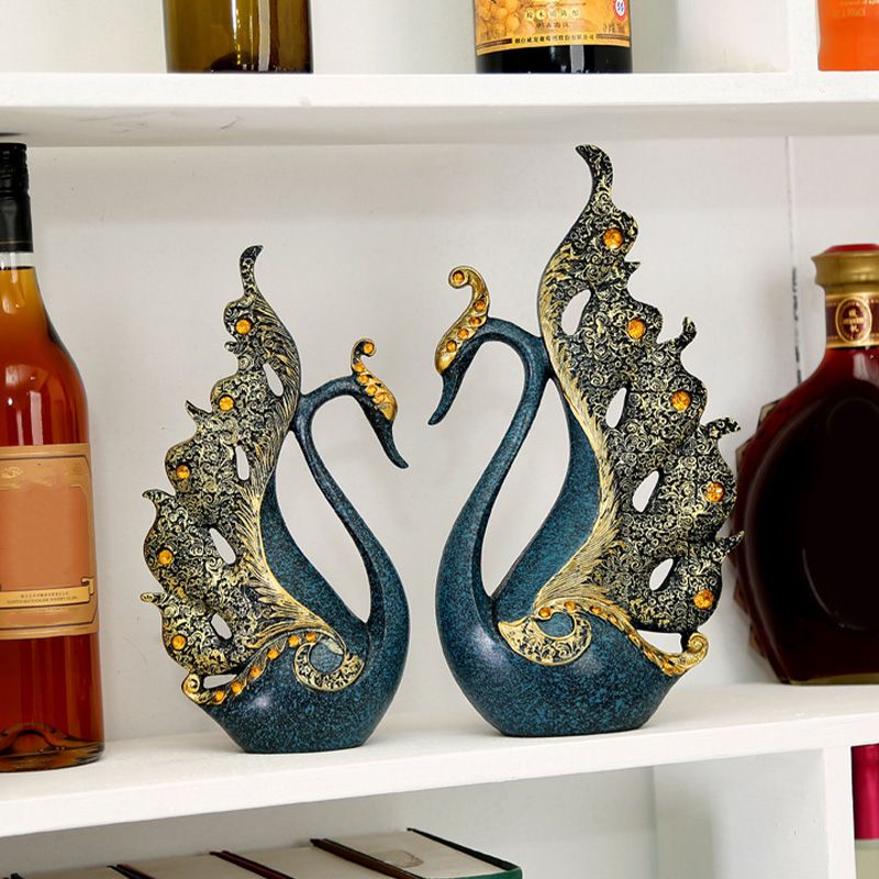 2PCS Peacock Ornaments Natural Resin Desktop Peacock Sculpture for Wine Cabinet TV Cabinet Home Blue 30cm/11.8in Height