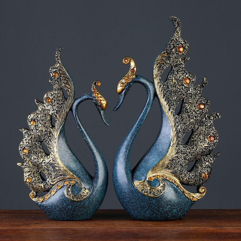 2PCS Peacock Ornaments Natural Resin Desktop Peacock Sculpture for Wine Cabinet TV Cabinet Home Blue 30cm/11.8in Height