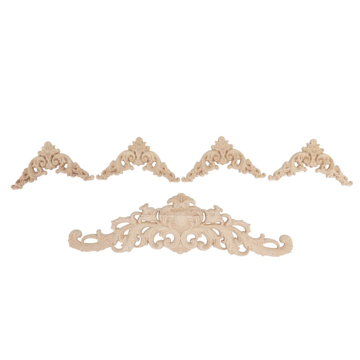 5Pcs Wooden Appliques Onlays Rubber Wood Carved 4 Corner Onlays and 1 Long Onlay for Cabinet Door Bed Wardrobe Furniture