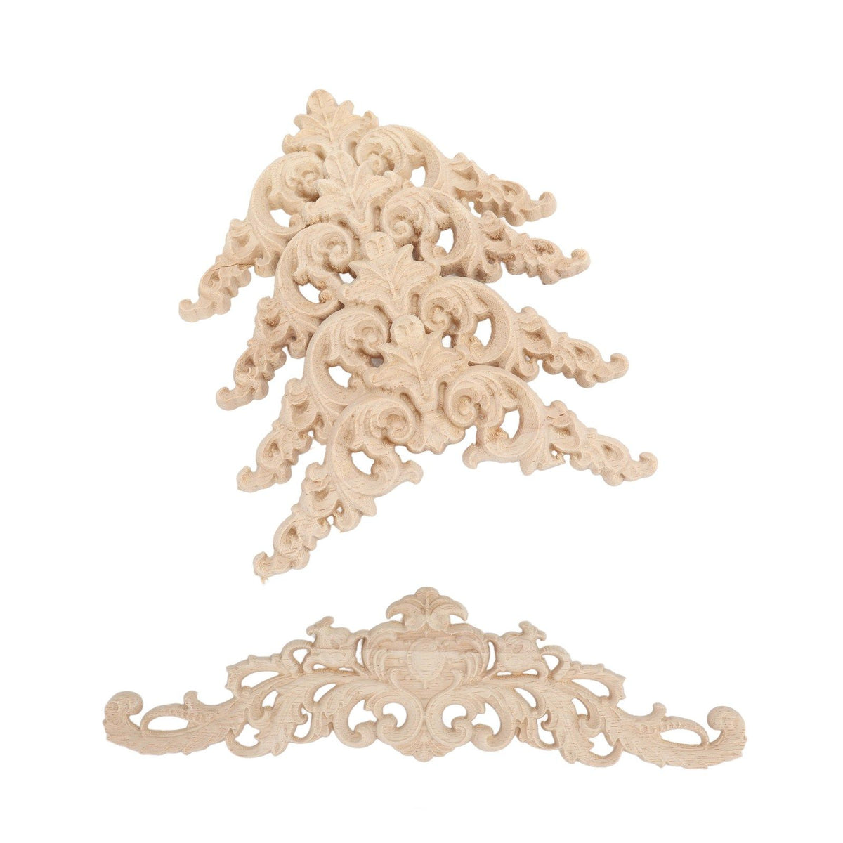 5Pcs Wooden Appliques Onlays Rubber Wood Carved 4 Corner Onlays and 1 Long Onlay for Cabinet Door Bed Wardrobe Furniture