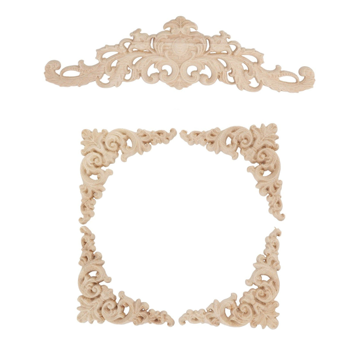 5Pcs Wooden Appliques Onlays Rubber Wood Carved 4 Corner Onlays and 1 Long Onlay for Cabinet Door Bed Wardrobe Furniture