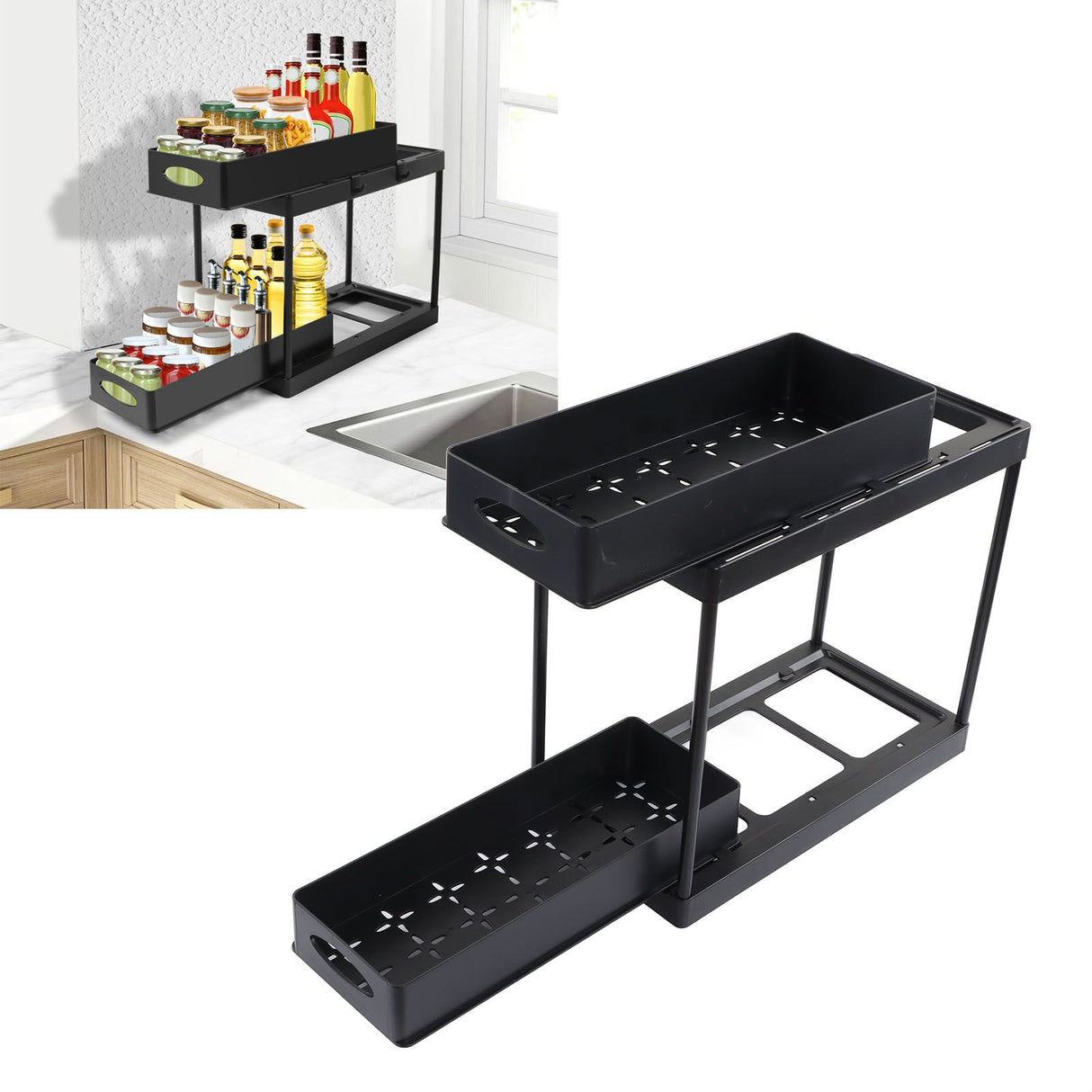 Under Sink Organizer Sliding Pull Out Double Layer Under Sink Countertop Organizer for Bathroom Kitchen Laundry Room Black