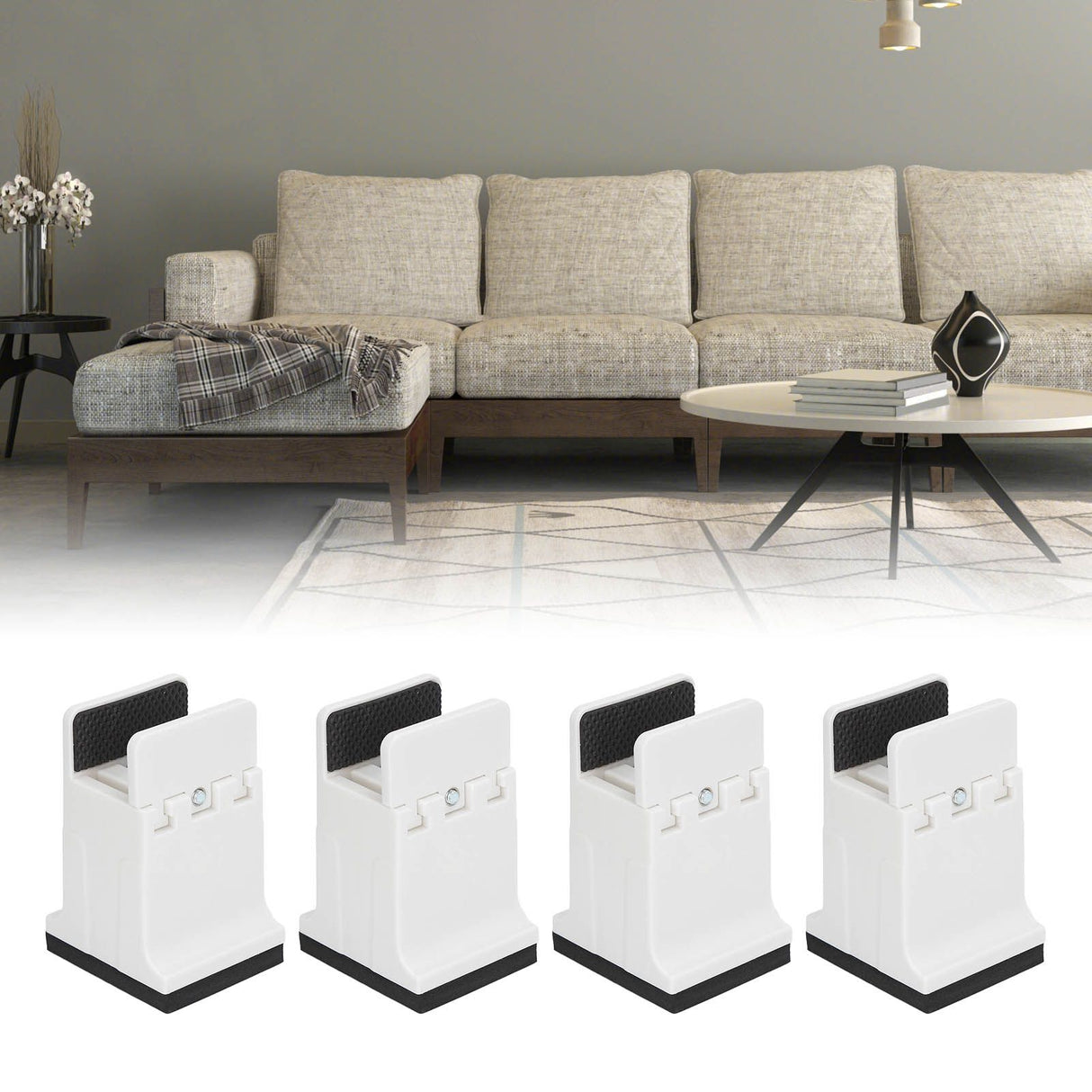 4pcs Adjustable Furniture Risers with Screw Clamp Rubber Bed Couch Risers for Heavy Duty Furniture White