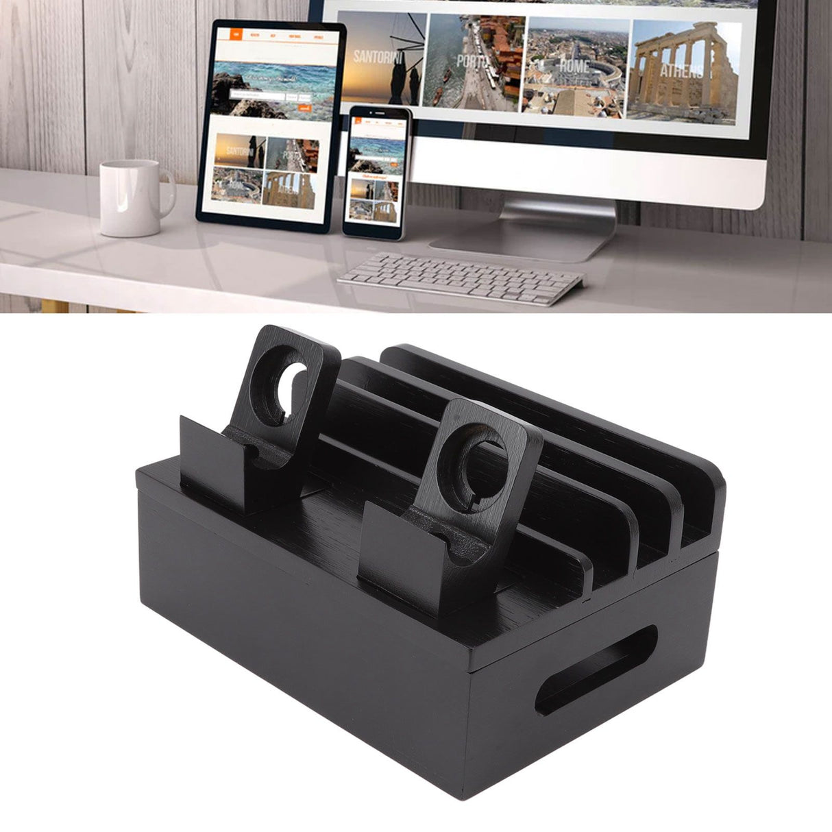 Bamboo Charging Station Multifunction 5 Ports Charging Station Rack for Phones Tablets Watches Electronics Black