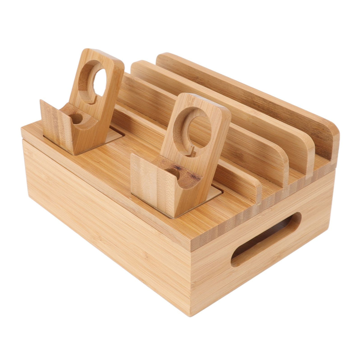 Bamboo Charging Station Multifunction 5 Ports Charging Station Rack for Phones Tablets Watches Electronics Natural Color