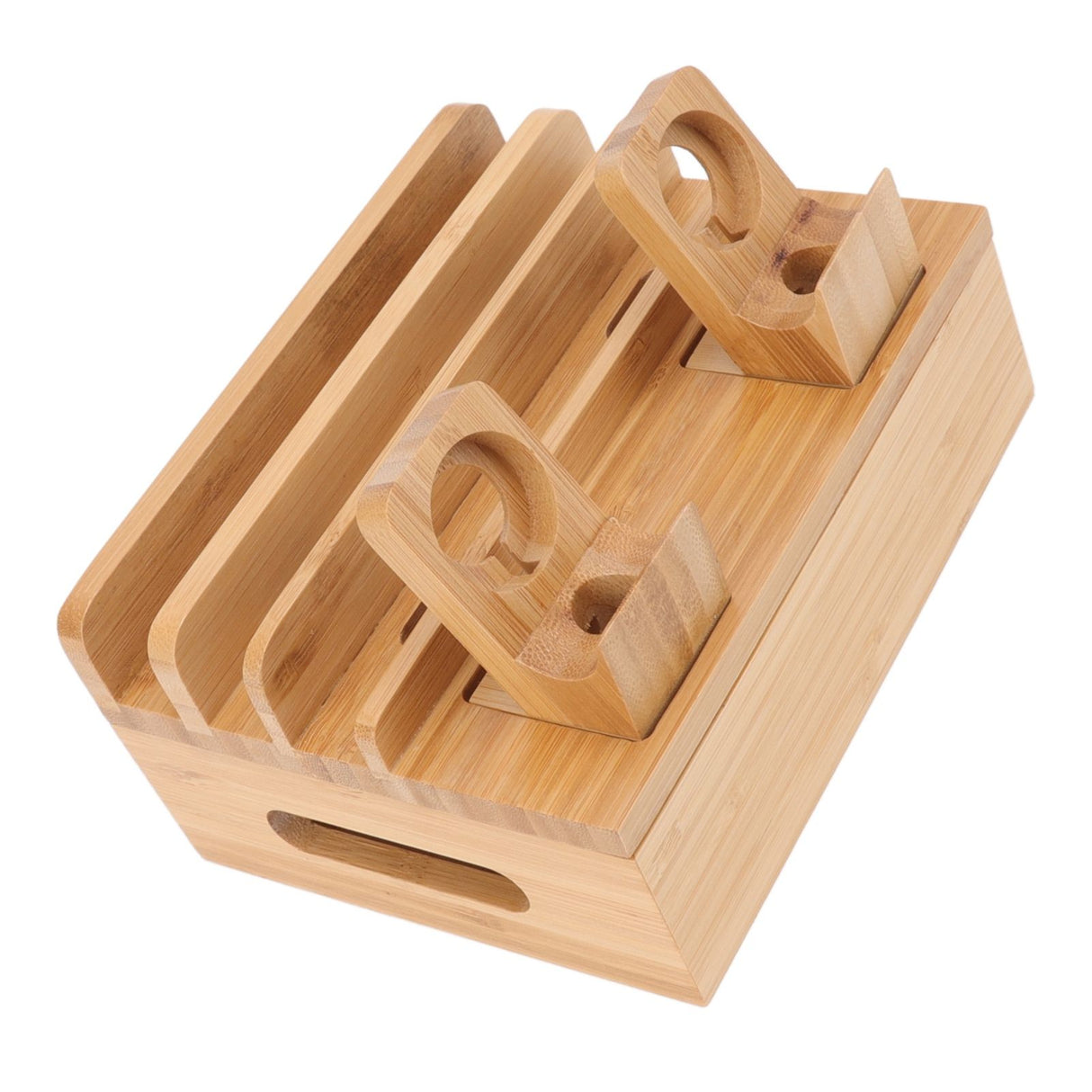 Bamboo Charging Station Multifunction 5 Ports Charging Station Rack for Phones Tablets Watches Electronics Natural Color