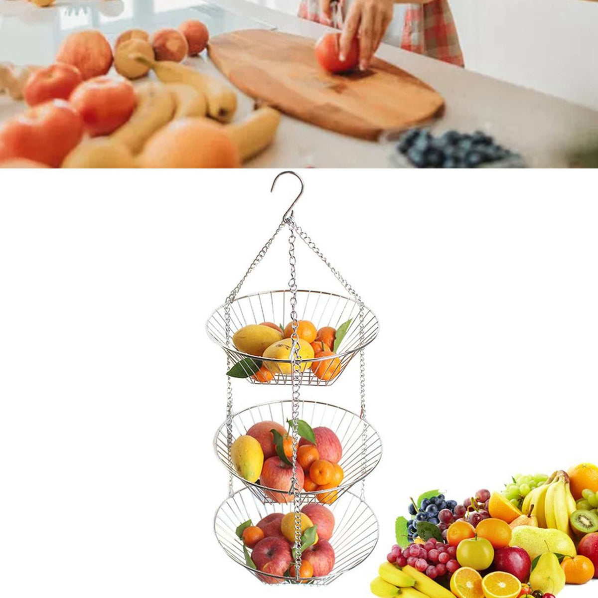 3 Tier Kitchen Hanging Fruit Basket Iron Wire Fruit Vegetable Flower Hanging Storage Basket for Indoor Outdoor