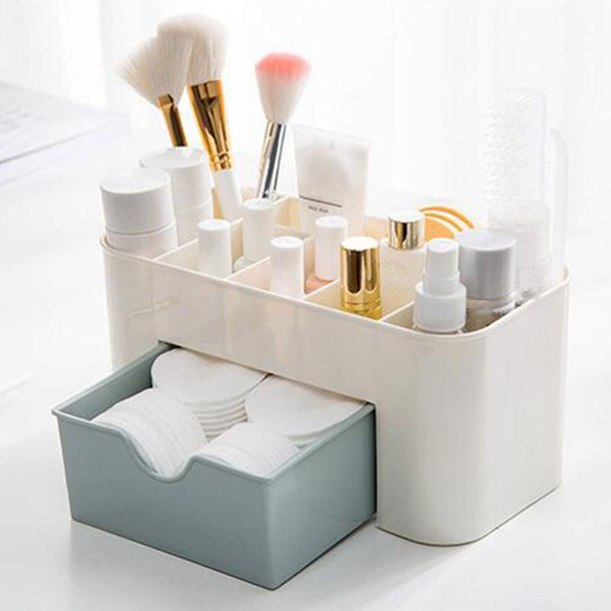 Cosmetics Makeup Organizer PP Multifunctional 6 Compartments Makeup Desk Organizer with Drawer Blue