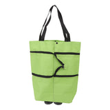 Shopping Cart Foldable Bag Large Capacity Zipper Design Oxford Cloth with Wheel for Camping Green
