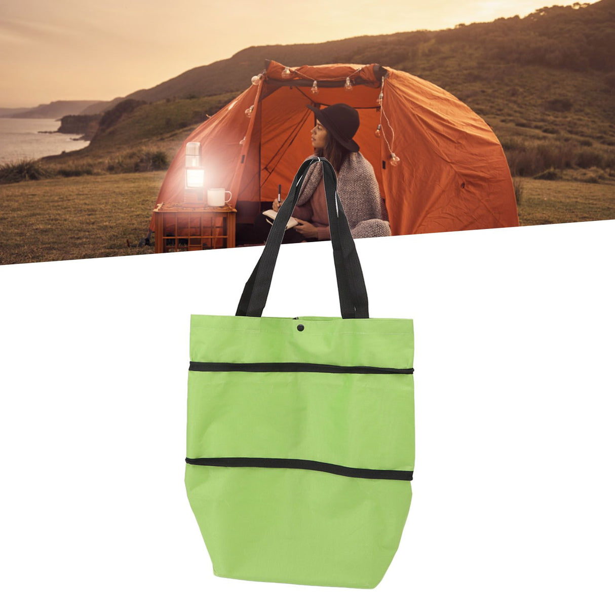 Shopping Cart Foldable Bag Large Capacity Zipper Design Oxford Cloth with Wheel for Camping Green