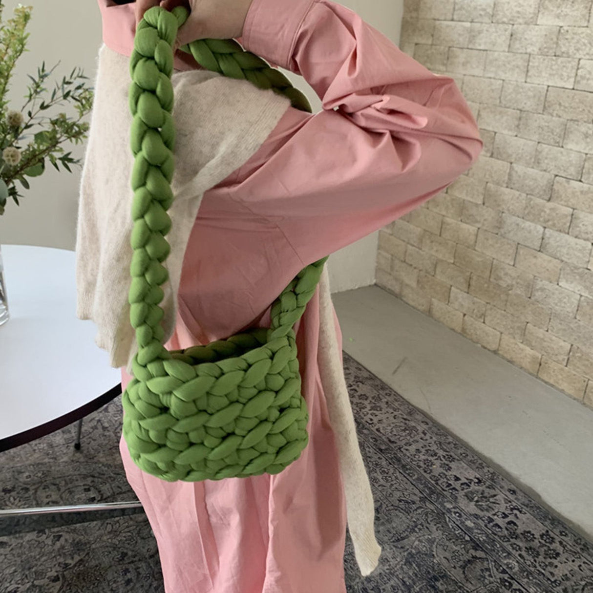 Wool Tote Purse Bag Cute Exquisite Hand Woven Fine Workmanship Wool Shoulder Bag for Daily Life Green