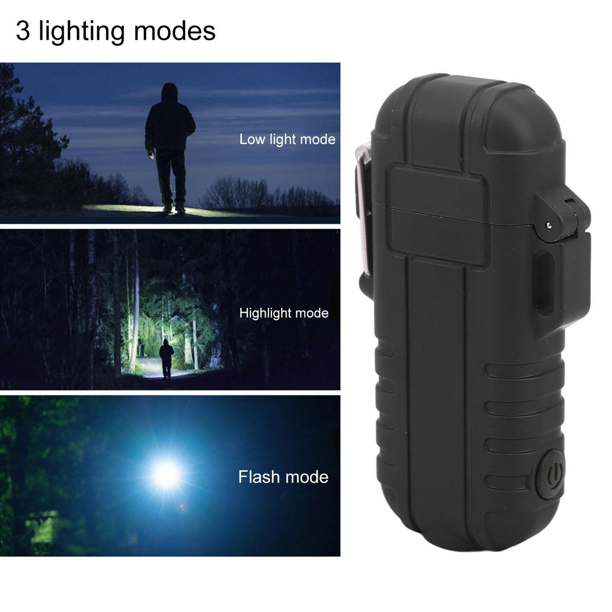 Outdoor Double Arc Electric Lighter Portable Waterproof Flashlight Lighter Charging Pulse Windproof Lighter Black