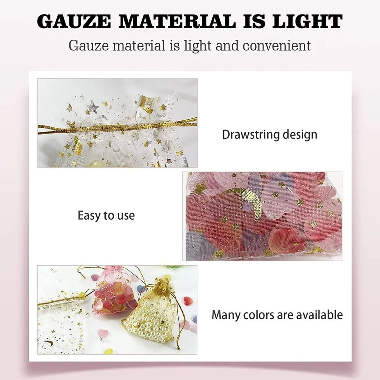 100 Pcs Drawstring Mesh Bag 9x12cm Star Moon Pattern Organza Fabric Fashionable Style Favor Pouch for Weddings Party