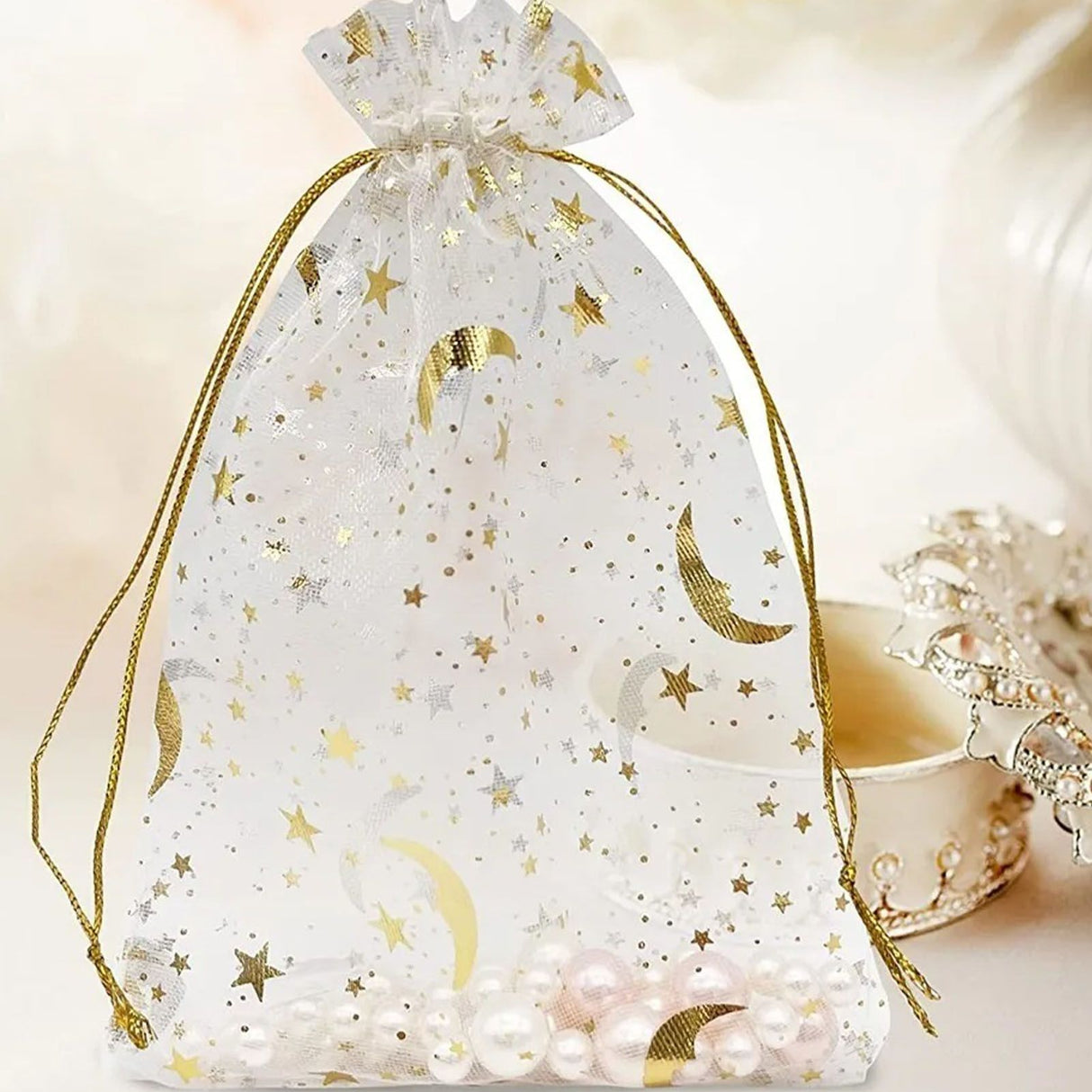 100 Pcs Drawstring Mesh Bag 9x12cm Star Moon Pattern Organza Fabric Fashionable Style Favor Pouch for Weddings Party
