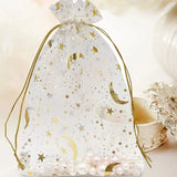 100 Pcs Drawstring Mesh Bag 9x12cm Star Moon Pattern Organza Fabric Fashionable Style Favor Pouch for Weddings Party