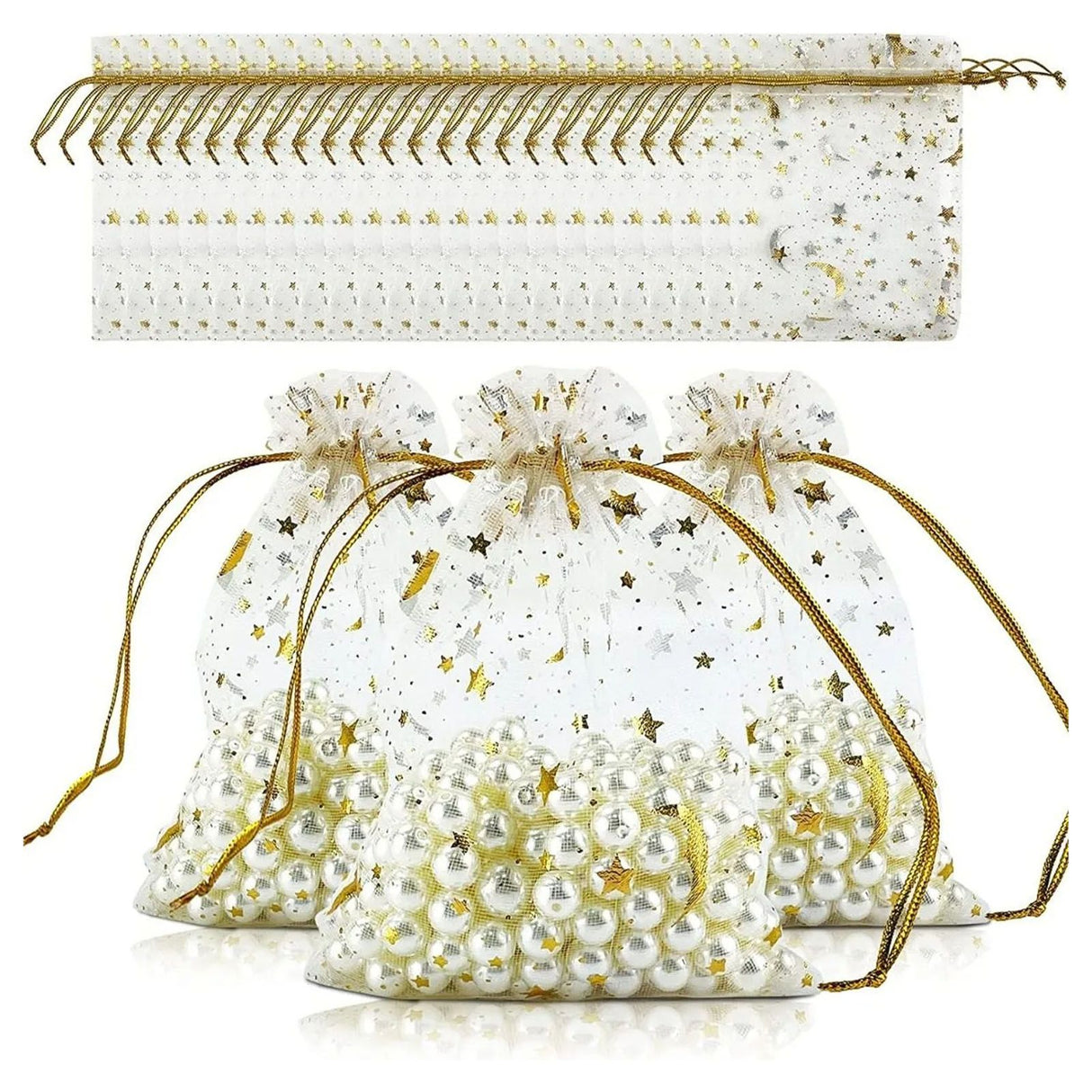 100 Pcs Drawstring Mesh Bag 9x12cm Star Moon Pattern Organza Fabric Fashionable Style Favor Pouch for Weddings Party
