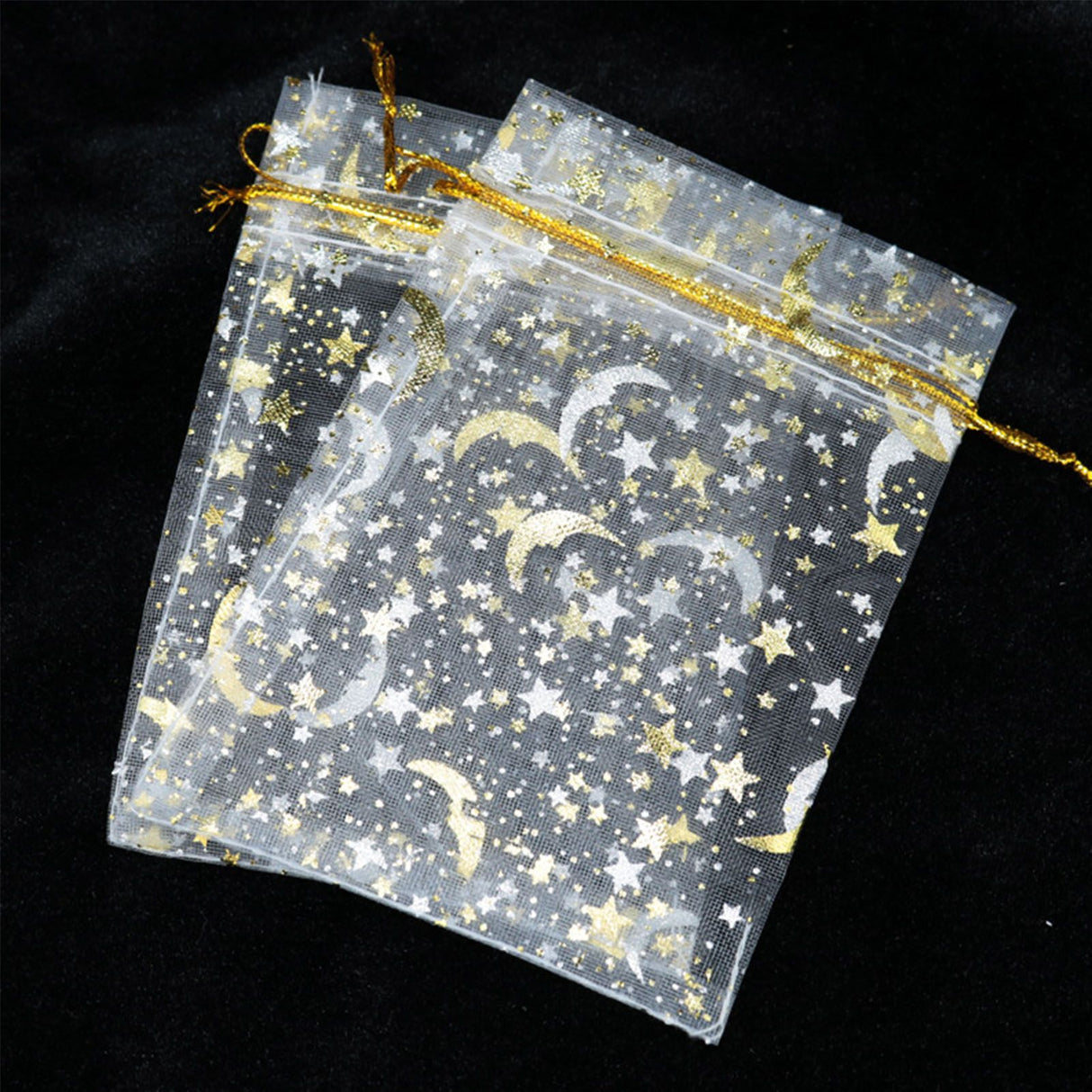 100 Pcs Drawstring Mesh Bag 9x12cm Star Moon Pattern Organza Fabric Fashionable Style Favor Pouch for Weddings Party