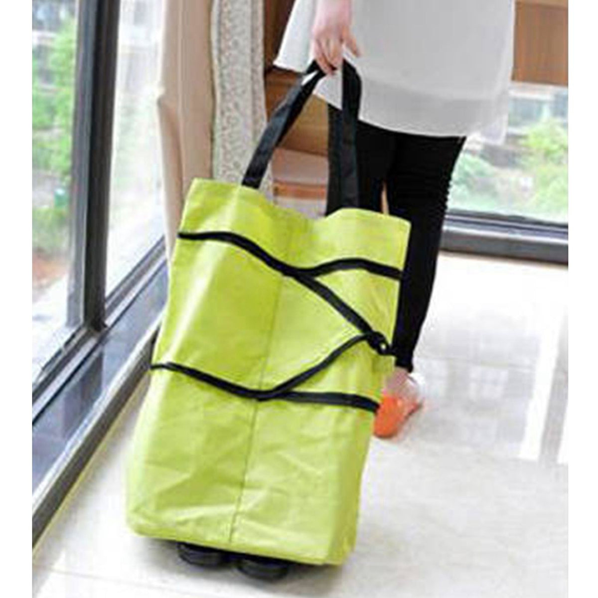 Green Foldable Shopping Bag with Wheels Pure Color Expandable Oxford Cloth Wheeled Foldable Grocery Cart Bag
