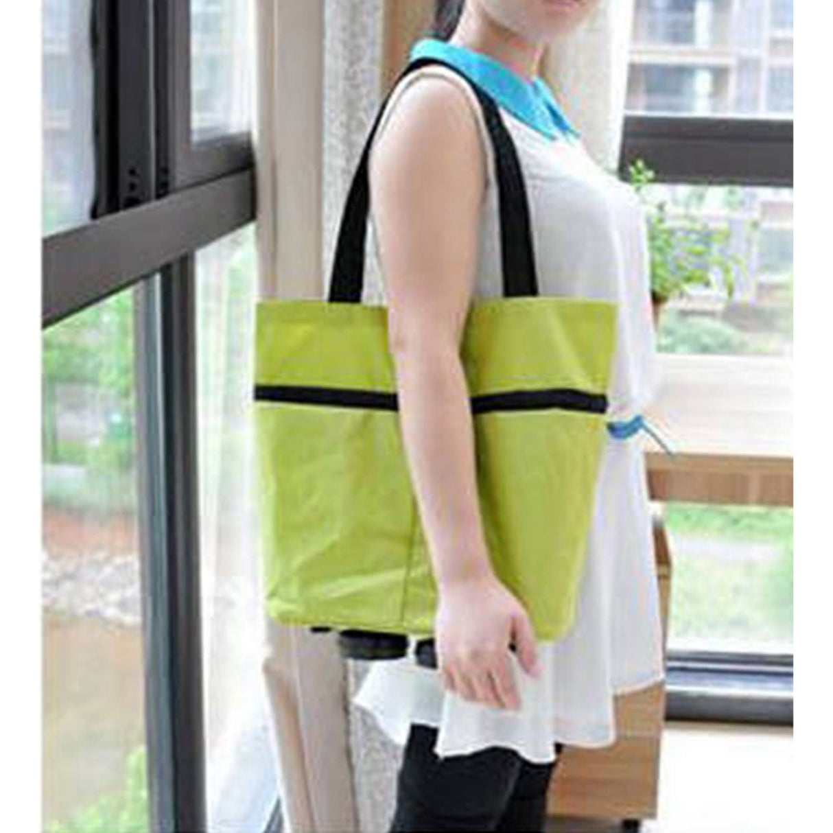 Green Foldable Shopping Bag with Wheels Pure Color Expandable Oxford Cloth Wheeled Foldable Grocery Cart Bag