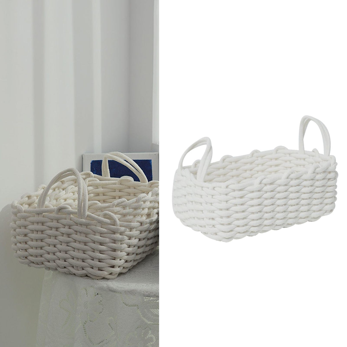 Cotton Rope Storage Basket Hand Knitting Nordic Style Desktop Storage Organizer for Key Snacks Underwear White 36x25x15cm/14.2x9.8x5.9in